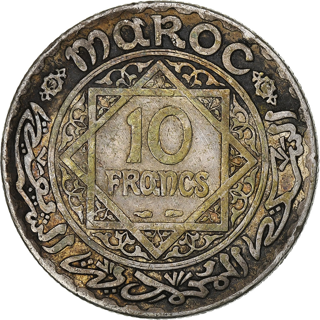 Marokko, Mohammed V, 10 Francs, 1928/AH1347, Paris, Zilver, FR+