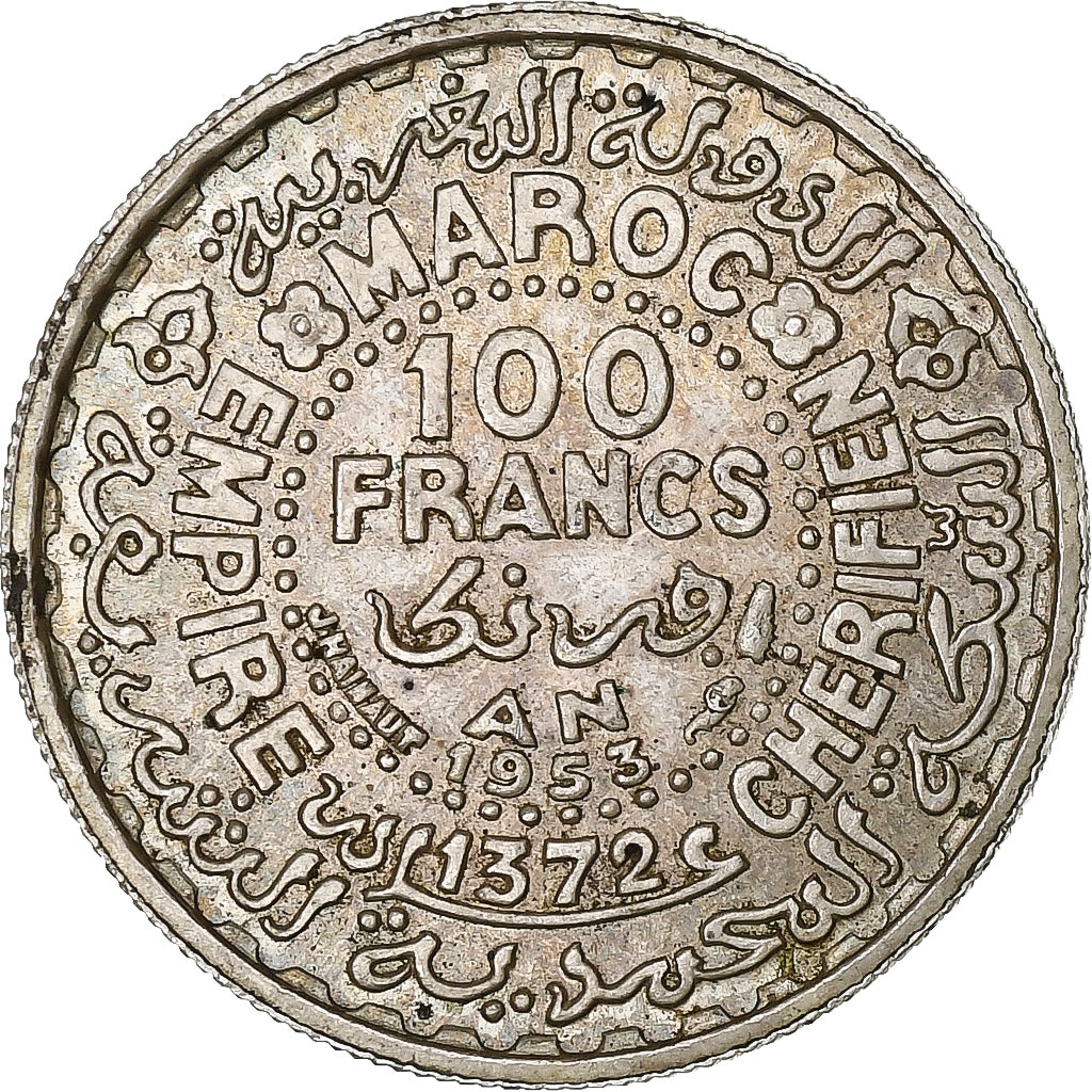 Morocco, Mohammed V, 100 Francs, AH 1372/1953, Paris, Silver, EF(40-45)
