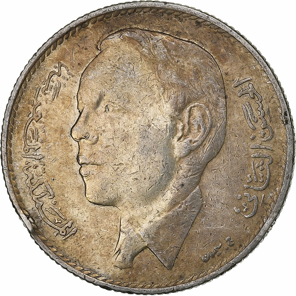 Morocco, Hassan II, 5 Dirhams, 1965/AH1384, Paris, Silver, VF(30-35)