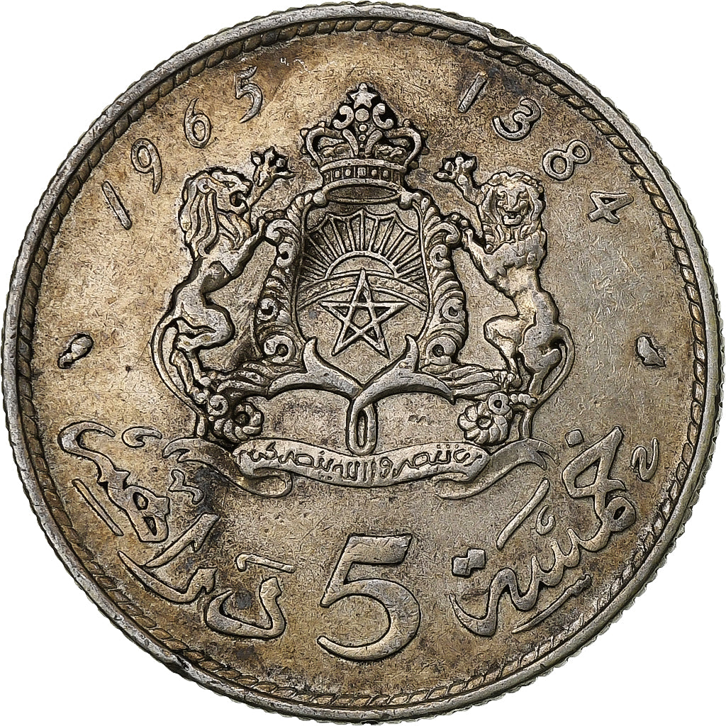 Morocco, Hassan II, 5 Dirhams, 1965/AH1384, Paris, Silver, VF(30-35)