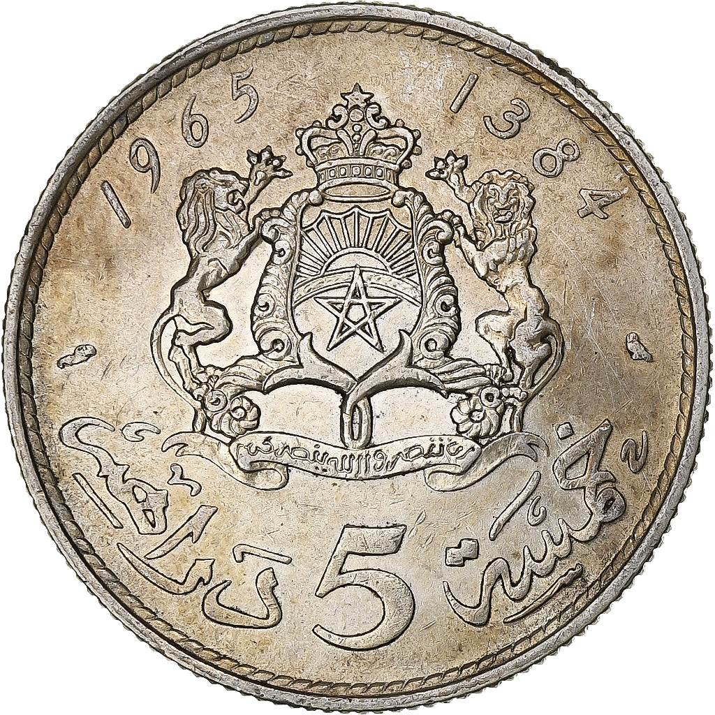 Morocco, Hassan II, 5 Dirhams, 1965/AH1384, Paris, Silver, EF(40-45)