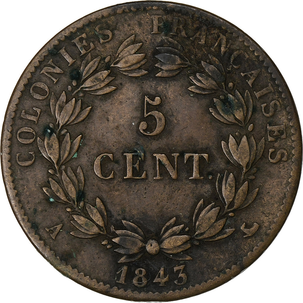 Antille francesi, Louis-Philippe, 5 Centimes, 1843, Paris, Bronzo, MB+