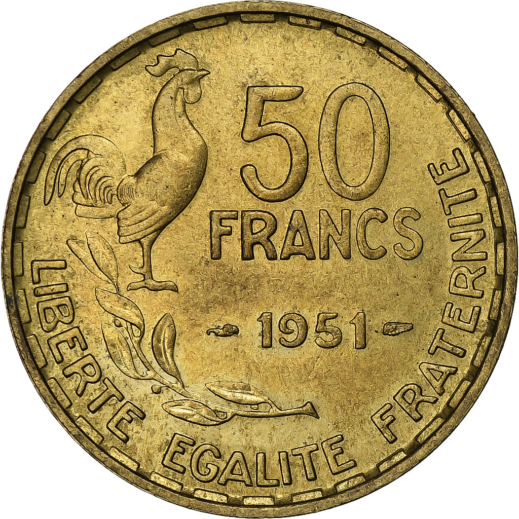 France, 50 Francs, Guiraud, 1951, Paris, Cupro-Aluminium, EF(40-45)