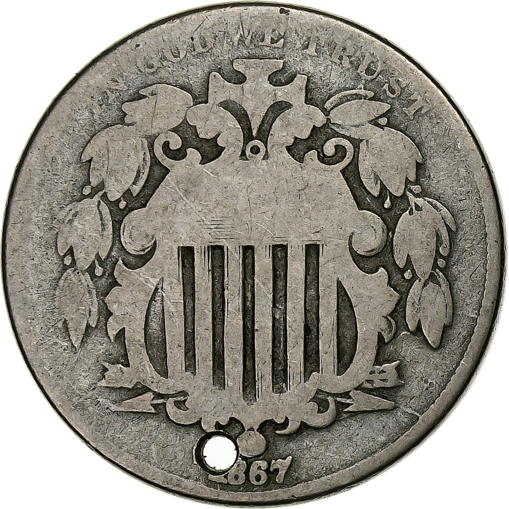 États-Unis, 5 Cents, Shield Nickel, 1867, Philadelphie, Cupro-nickel, B+