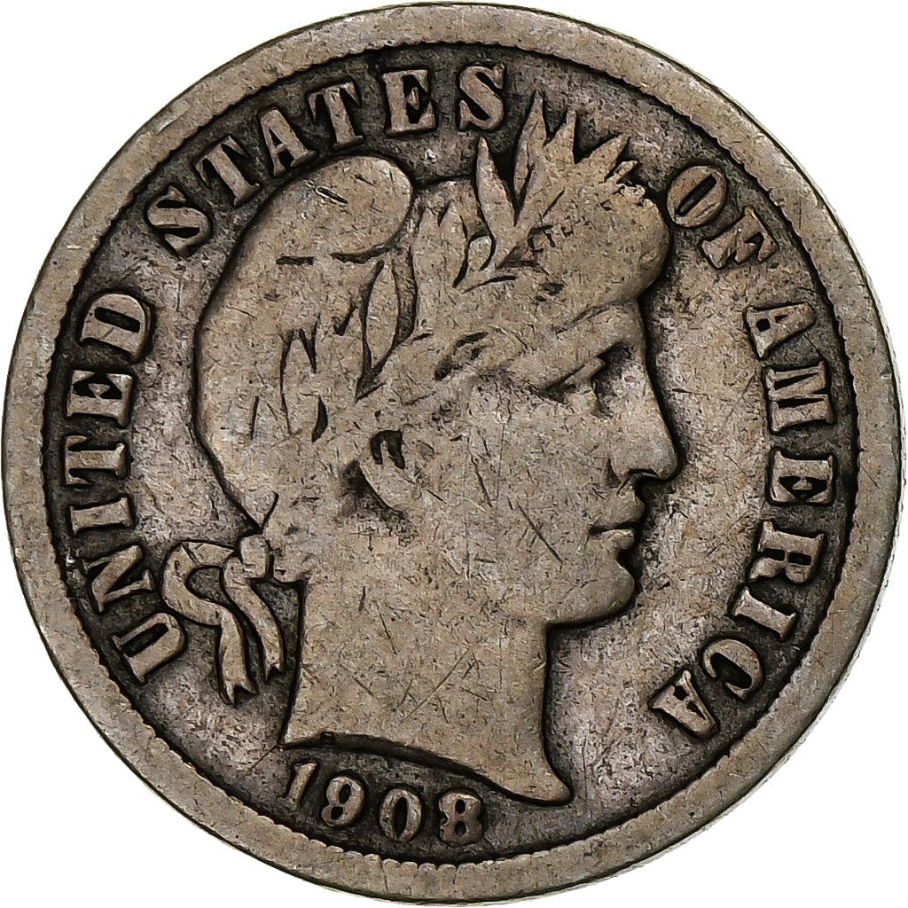 Estados Unidos da América, Dime, Barber, 1908, Denver, Prata, VF(20-25)