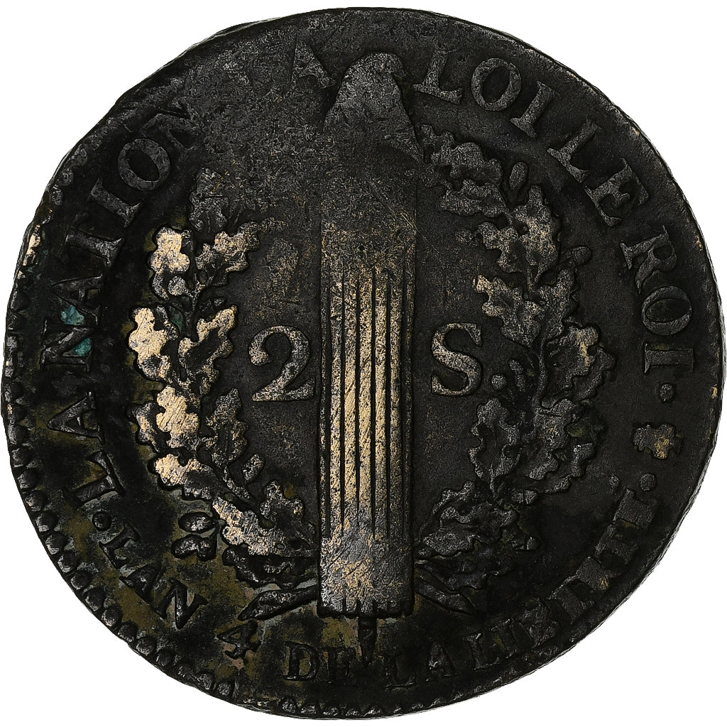 França, Louis XVI, 2 sols François, 1792 / AN 4, Paris, Métal de cloche