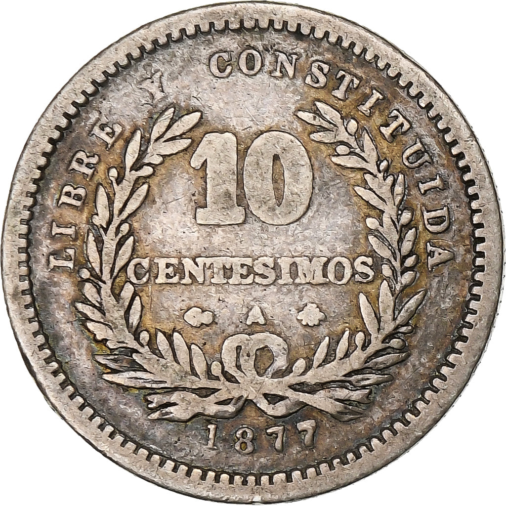 Uruguay, 10 Centesimos, 1877, Paris, Silver, VF(20-25)