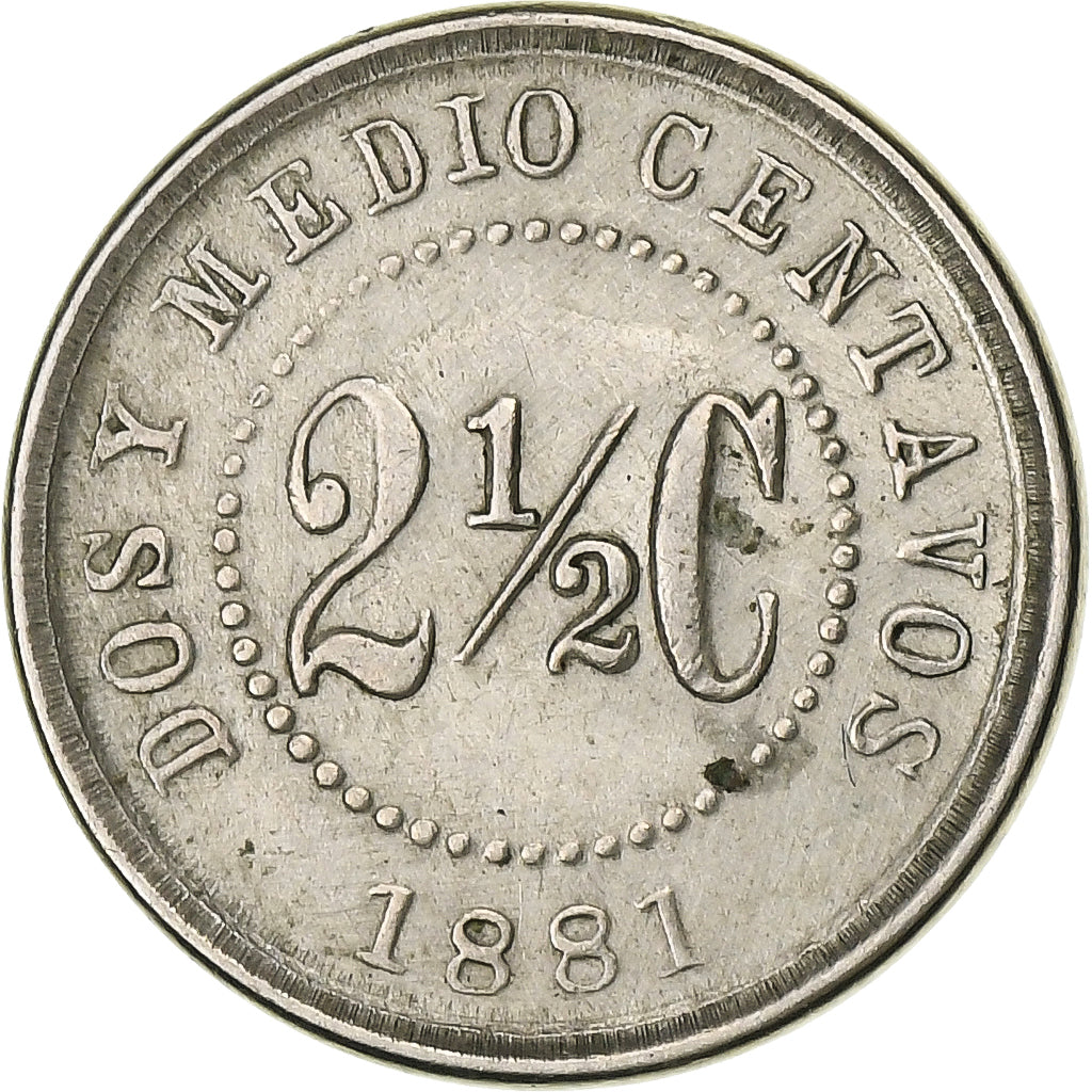 Colombia, 2-1/2 Centavos, 1881, Heaton, Copper-nickel, AU(55-58)