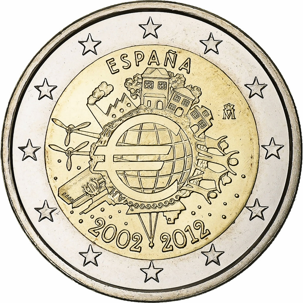 Spain, 2 Euro, 10 Years of Euros Cash, 2012, Madrid, Bimetallic, MS(63)