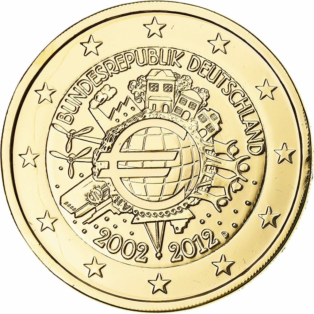Deutschland, 2 Euro, 10 Years of Euros Cash, golden, 2012, Munich, Bimetallic