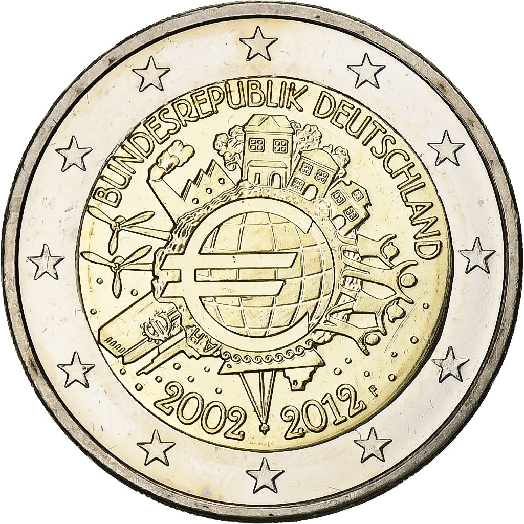 Niemcy, 2 Euro, 10 Years of Euros Cash, 2012, Stuttgart, Bimetaliczny, MS(63)