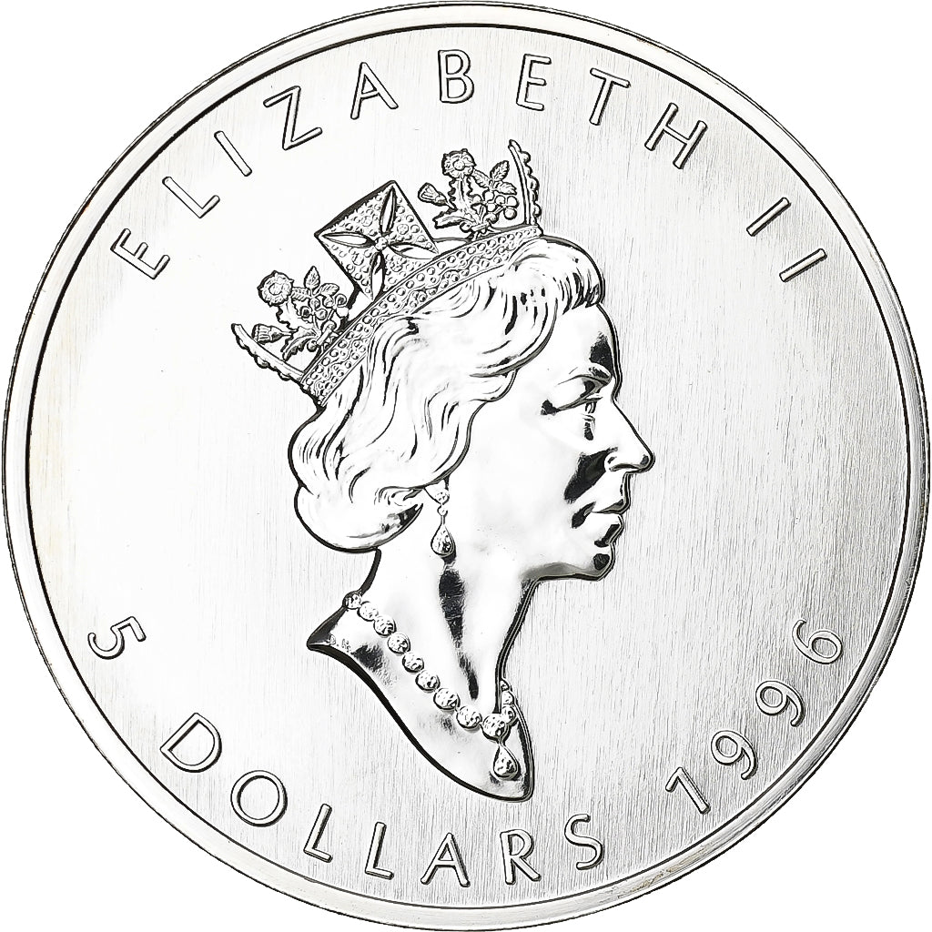 Canada, Elizabeth II, 5 Dollars, Maple Leaf, 1996, Ottawa, Srebro, MS(64)