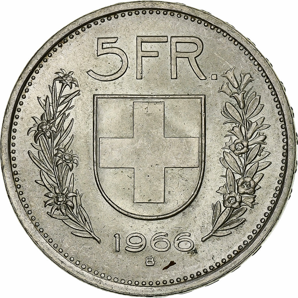 Suiza, 5 Francs, Herdsman, 1966, Bern, Plata, EBC