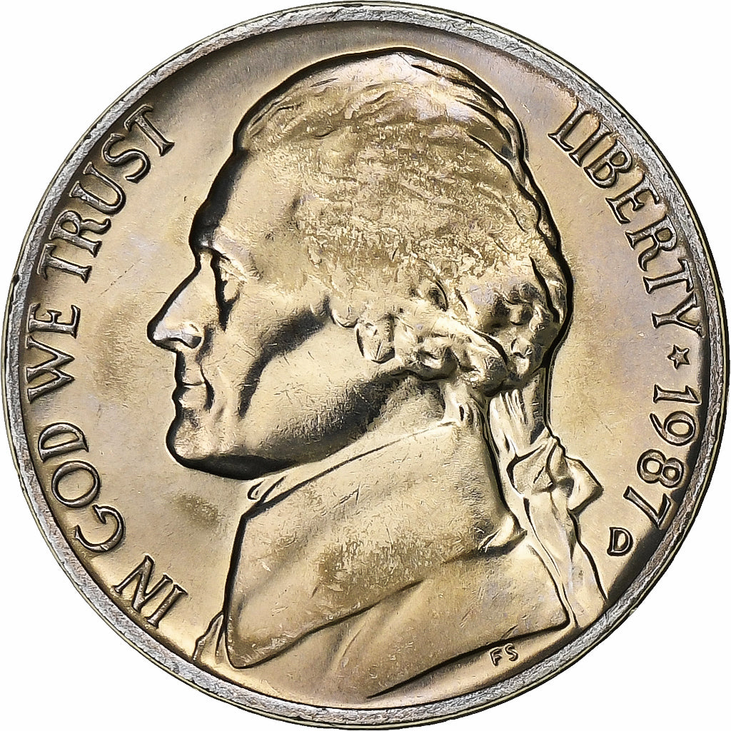 Stati Uniti, 5 Cents, Thomas Jefferson, 1987, Denver, Rame-nichel, SPL