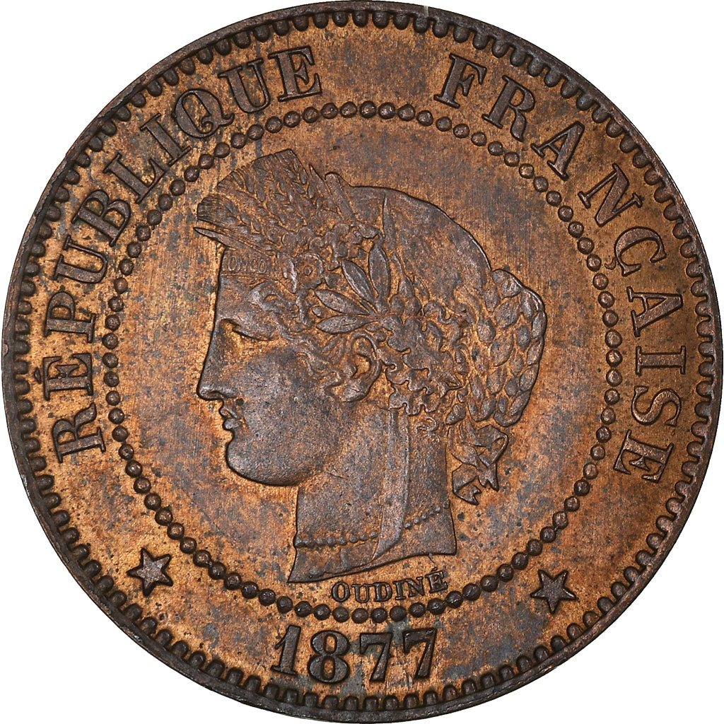 Moeda, França, Cérès, 2 Centimes, 1877, Paris, AU(55-58), Bronze, KM:827.1