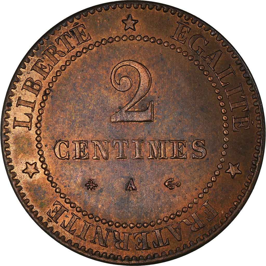 Moeda, França, Cérès, 2 Centimes, 1877, Paris, AU(55-58), Bronze, KM:827.1