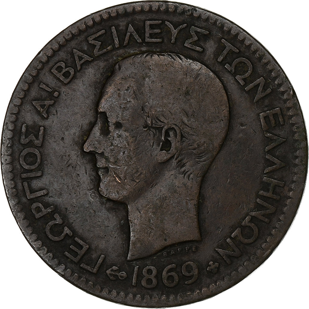 Griechenland, George I, 10 Lepta, 1869, Strasbourg, Bronze, S