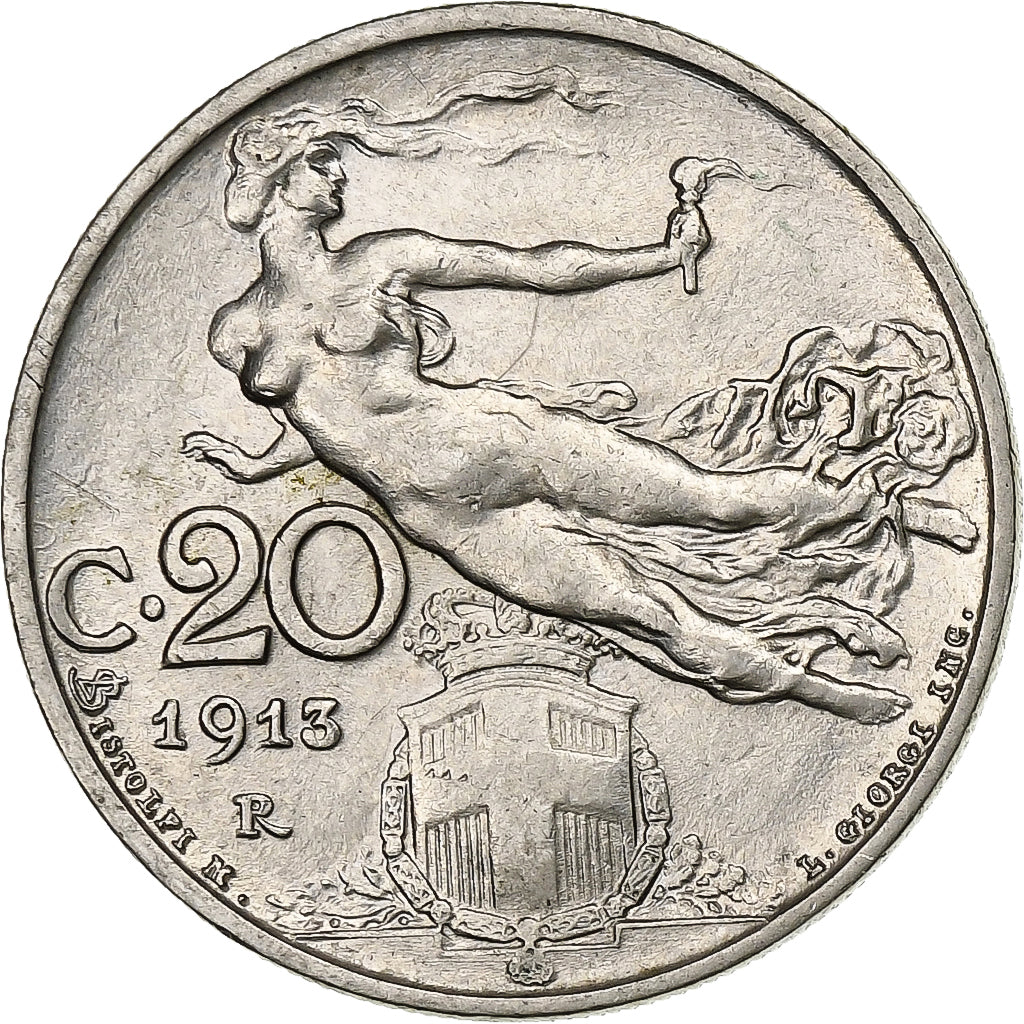 Italia, Vittorio Emanuele III, 20 Centesimi, 1913, Rome, Níquel, MBC