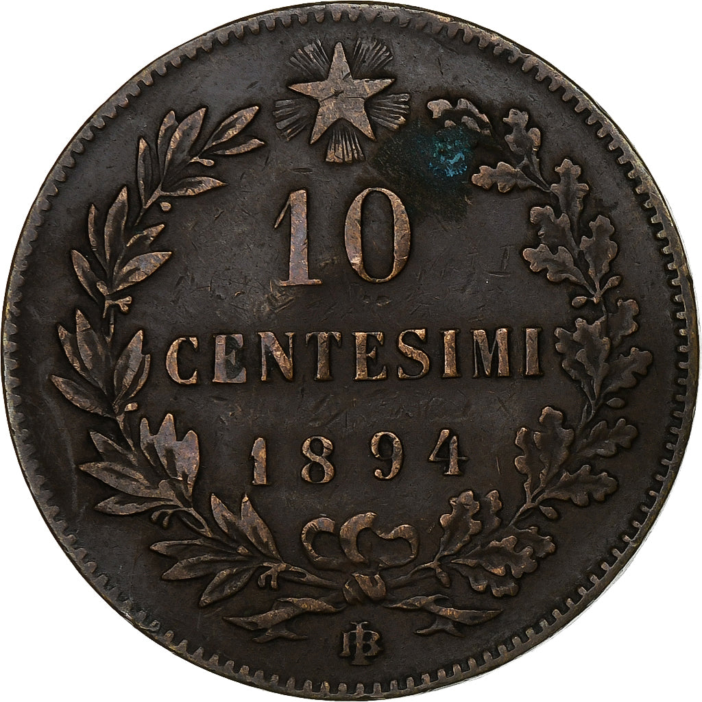 Italy, Umberto I, 10 Centesimi, 1894, Heaton, Copper, VF(30-35)