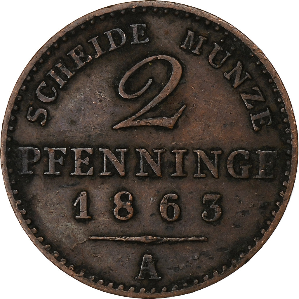 Prussia, Wilhelm I, 2 Pfenninge, 1863, Berlin, Copper, VF(20-25)