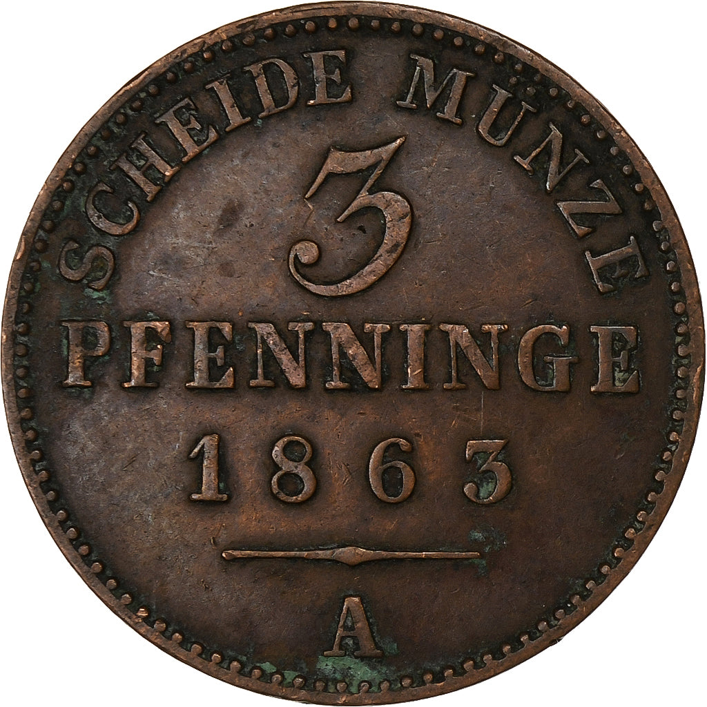 Prusia, Wilhelm I, 3 Pfenninge, 1863, Berlin, Cobre, MBC