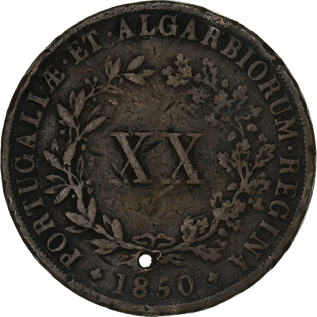 Portugal, Maria II, 20 Reis, 1850, Lisbon, Bronce, BC+