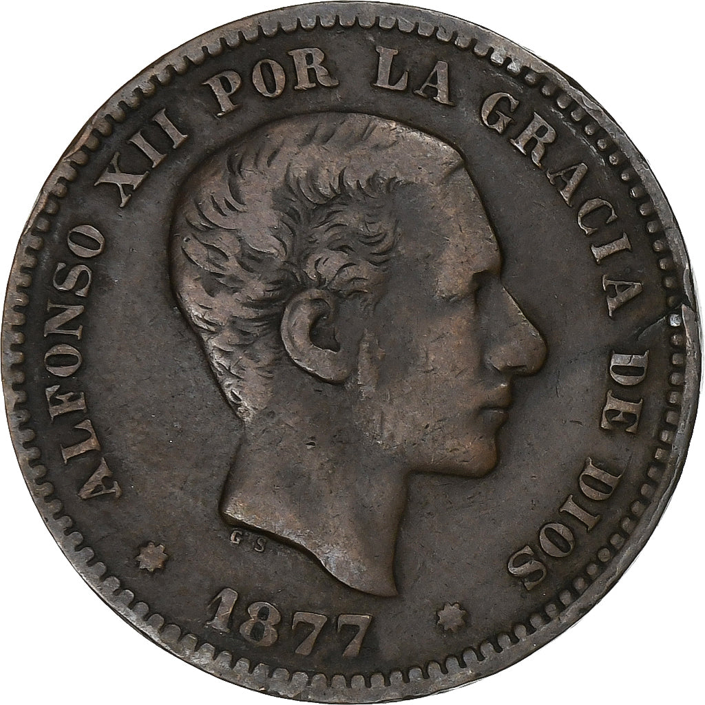 España, Alfonso XII, 5 Centimos, 1877, Barcelona, Bronce, BC+