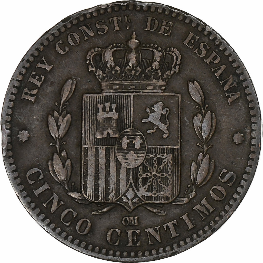 España, Alfonso XII, 5 Centimos, 1877, Barcelona, Bronce, BC+