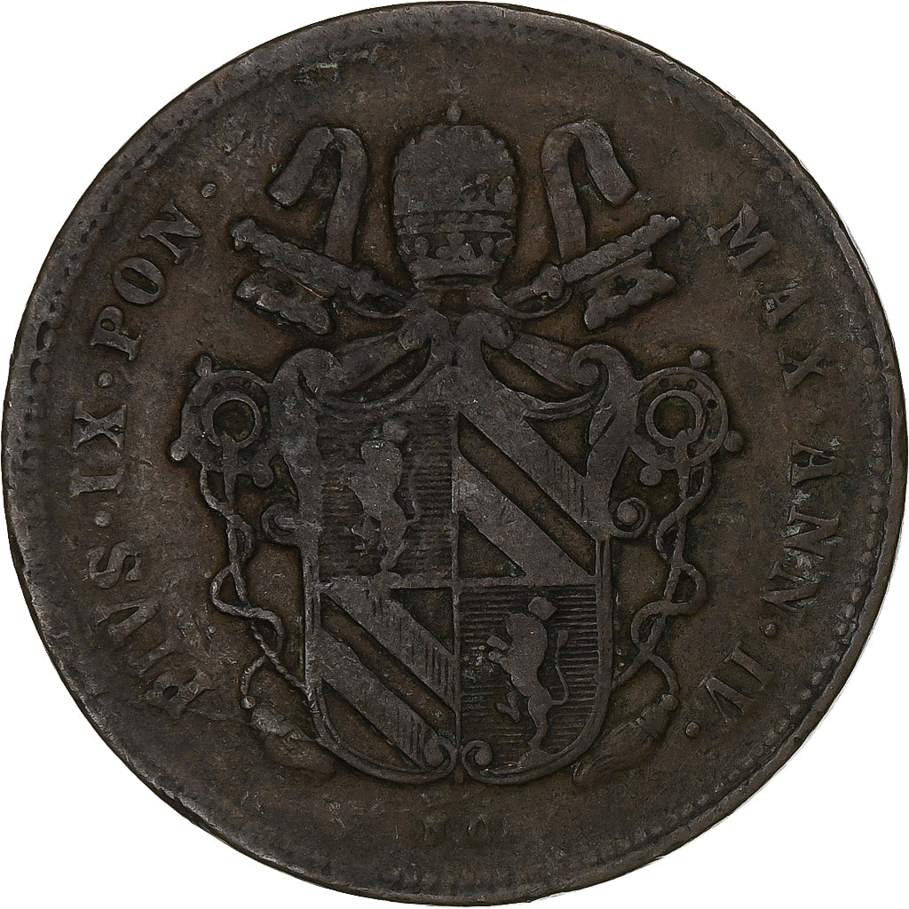 Papal States, Pius IX, 2 Baiocchi, 1850, Rome, Cobre, VF(20-25)