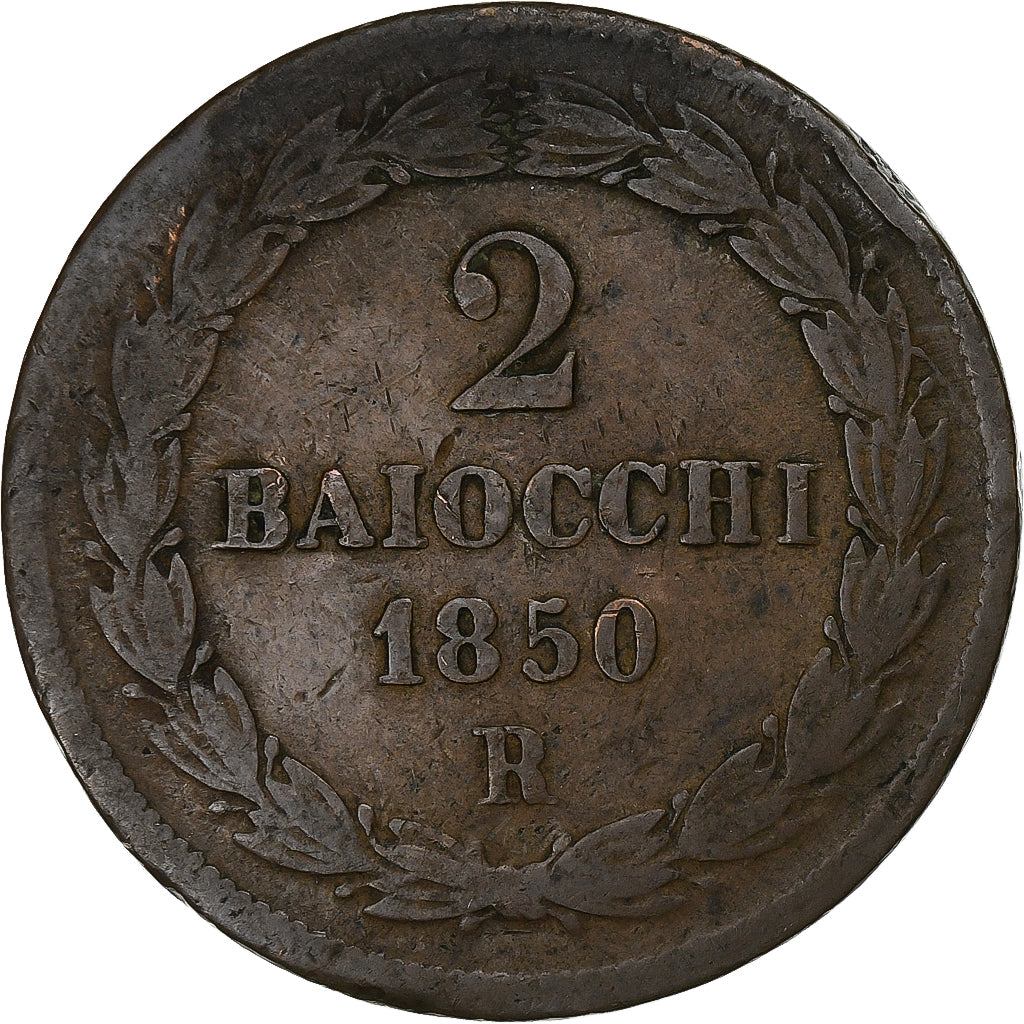 Papal States, Pius IX, 2 Baiocchi, 1850, Rome, Cobre, VF(20-25)