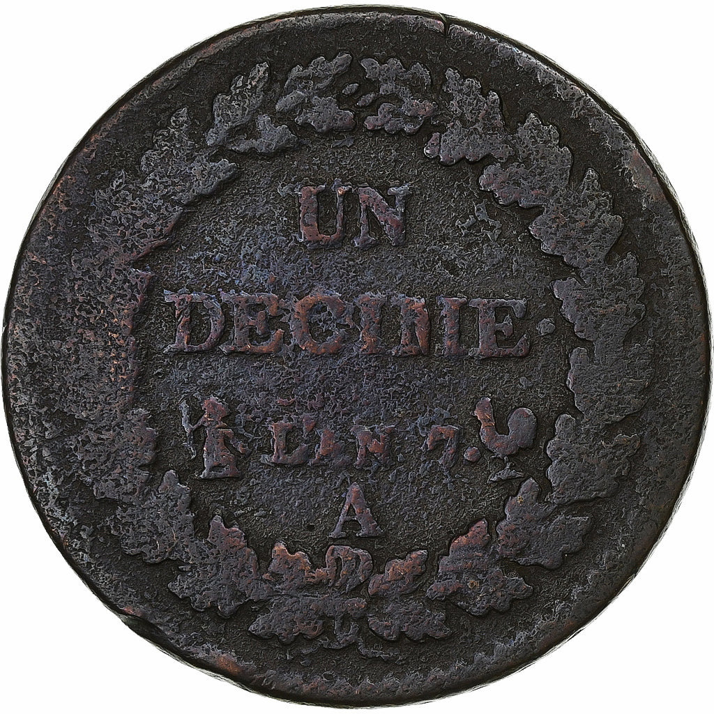 France, Decime, Dupré, AN 7, Paris, Cuivre, B+, Gadoury:187
