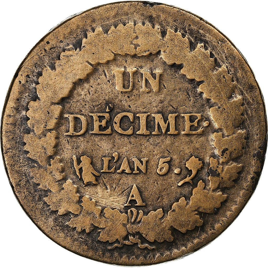 France, Decime, Dupré, AN 5, Paris, Copper, VF(20-25), Gadoury:187