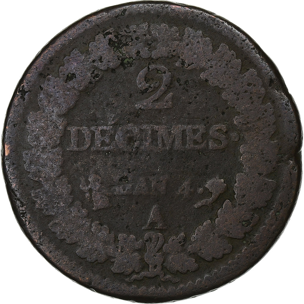 France, 2 Decimes, Dupré, AN 4, Paris, Copper, VF(20-25), Gadoury:300