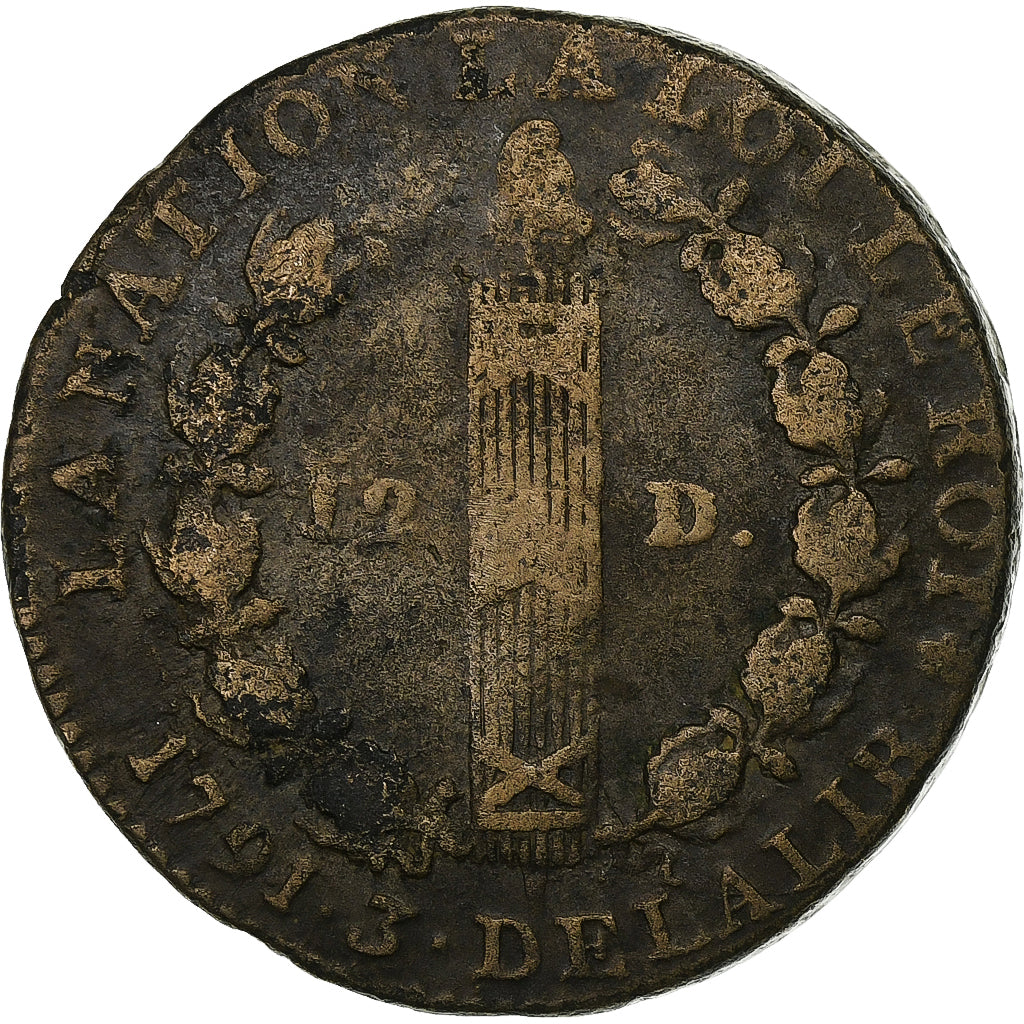 Francia, 12 deniers françois, 1791 / AN 3, Paris, Métal de cloche, MB