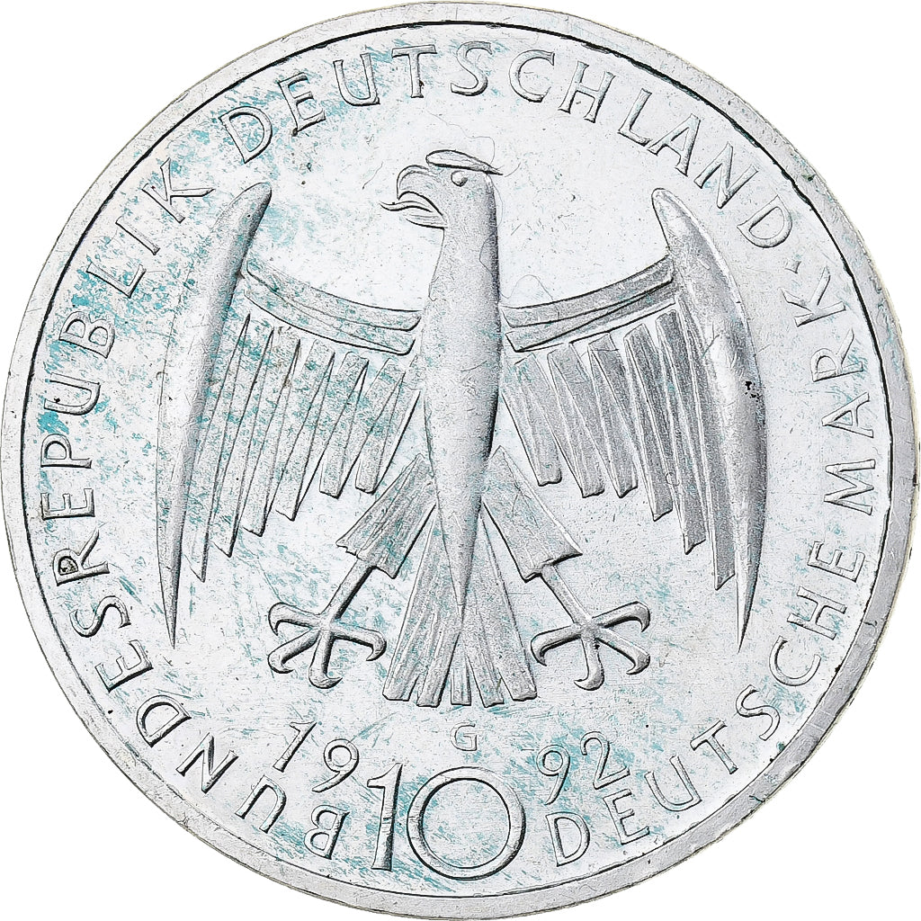 Germany, 10 Mark, Käthe Kollwitz, 1992, Karlsruhe, Silver, AU(55-58)