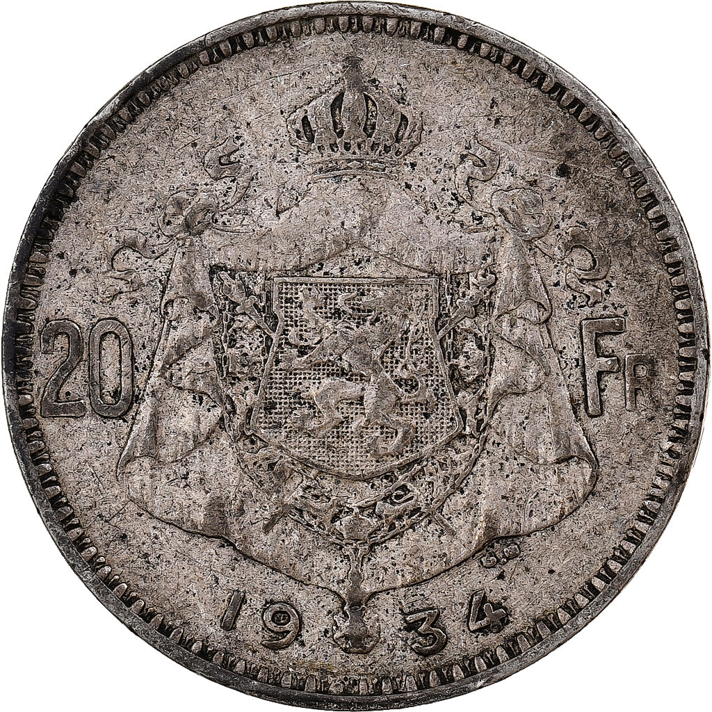 Belgium, Albert I, 20 Francs, 1934, Brussels, Silver, VF(30-35)