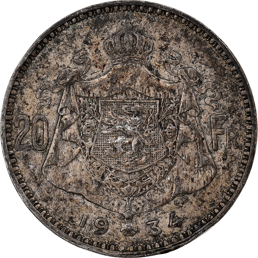 Belgio, Albert I, 20 Francs, 1934, Brussels, Argento, MB+