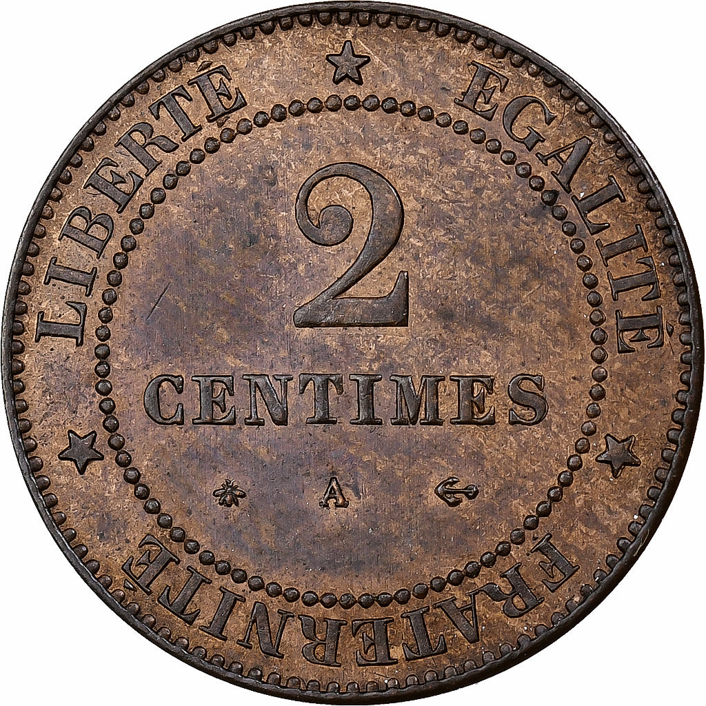 France, 2 Centimes, Cérès, 1877, Paris, Bronze, VF(30-35)