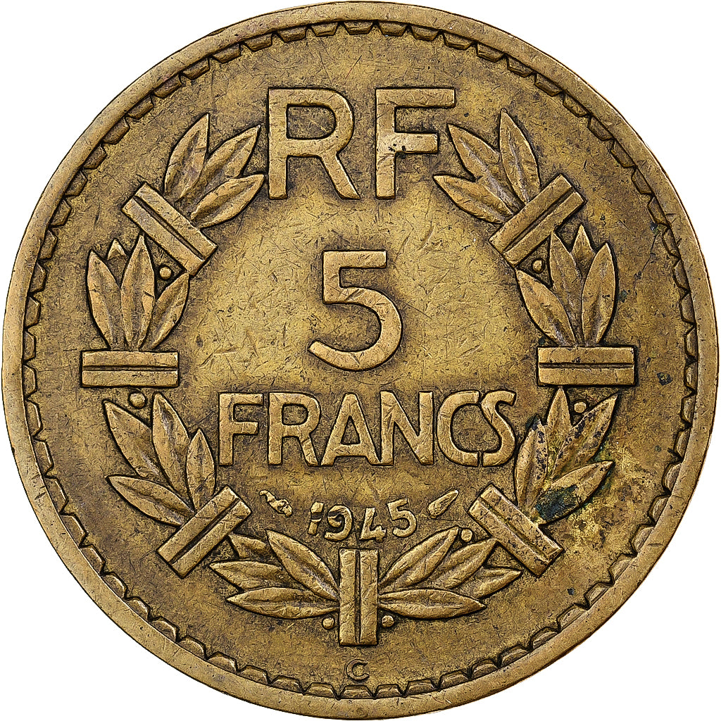 Francia, 5 Francs, Lavrillier, 1945, Castelsarrasin, Rame-alluminio, MB+