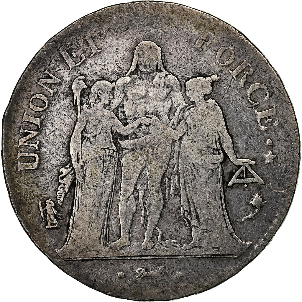 France, Directoire, 5 Francs, Union et Force, AN 4, Paris, Silver, VF(30-35)