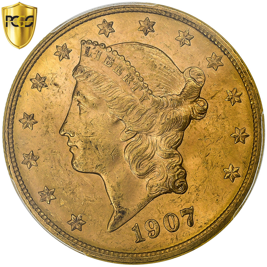 Estados Unidos, 20 Dollars, Double Eagle, 1907, Denver, Oro, PCGS, MS63, KM:74.3