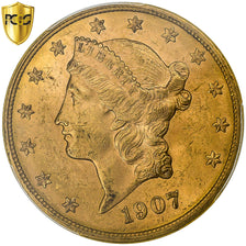 Estados Unidos, 20 Dollars, Double Eagle, 1907, Denver, Oro, PCGS, MS63, KM:74.3