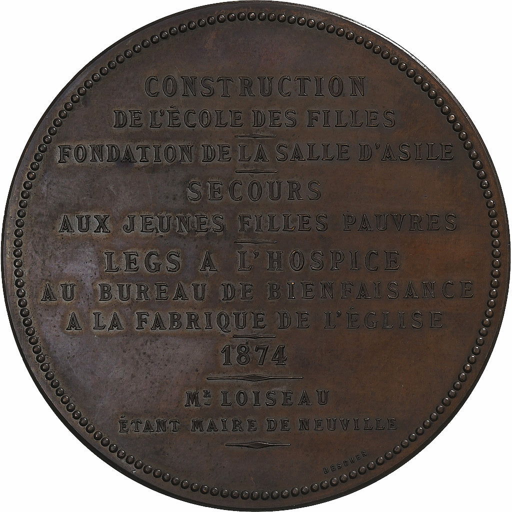 France, Medal, Felix Desnoyers, Benefactor of Neuville, 1874, Copper, Bescher