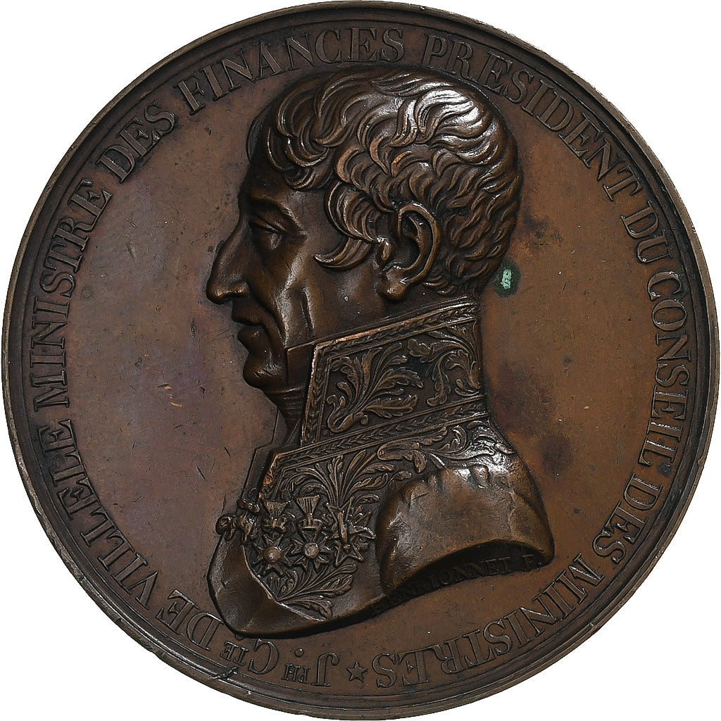 França, medalha, Joseph de Villèle, 1825, Cobre, Henrionnet, AU(55-58)