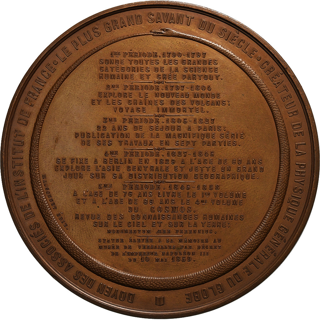 France, Medal, Alexander von Humboldt, Statue à Versailles, 1859, Copper, Bovy