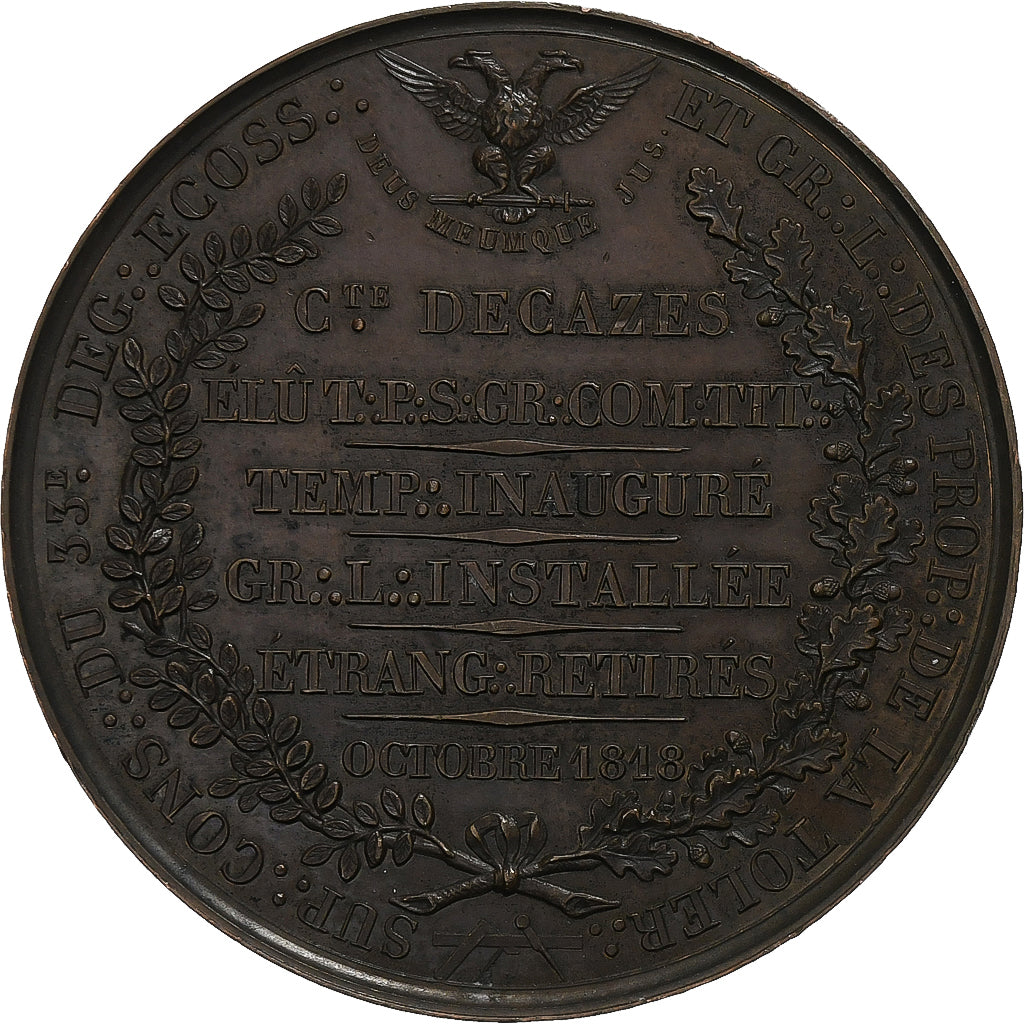 France, Medal, Louis XVIII, Count Elie Decazes, 1818, Copper, Barre, AU(50-53)