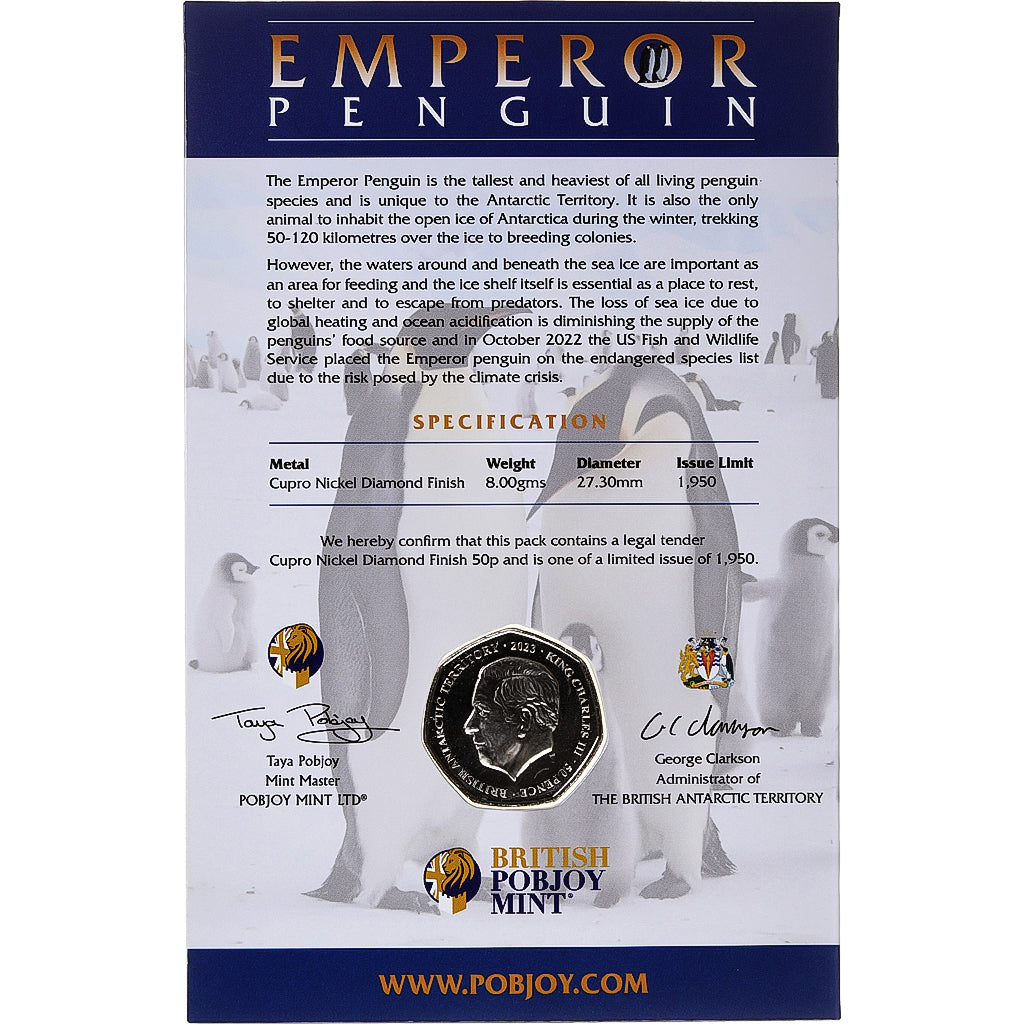 British Antarctic Territory, Charles III, 50 Pence, Emperor Penguin, 2023