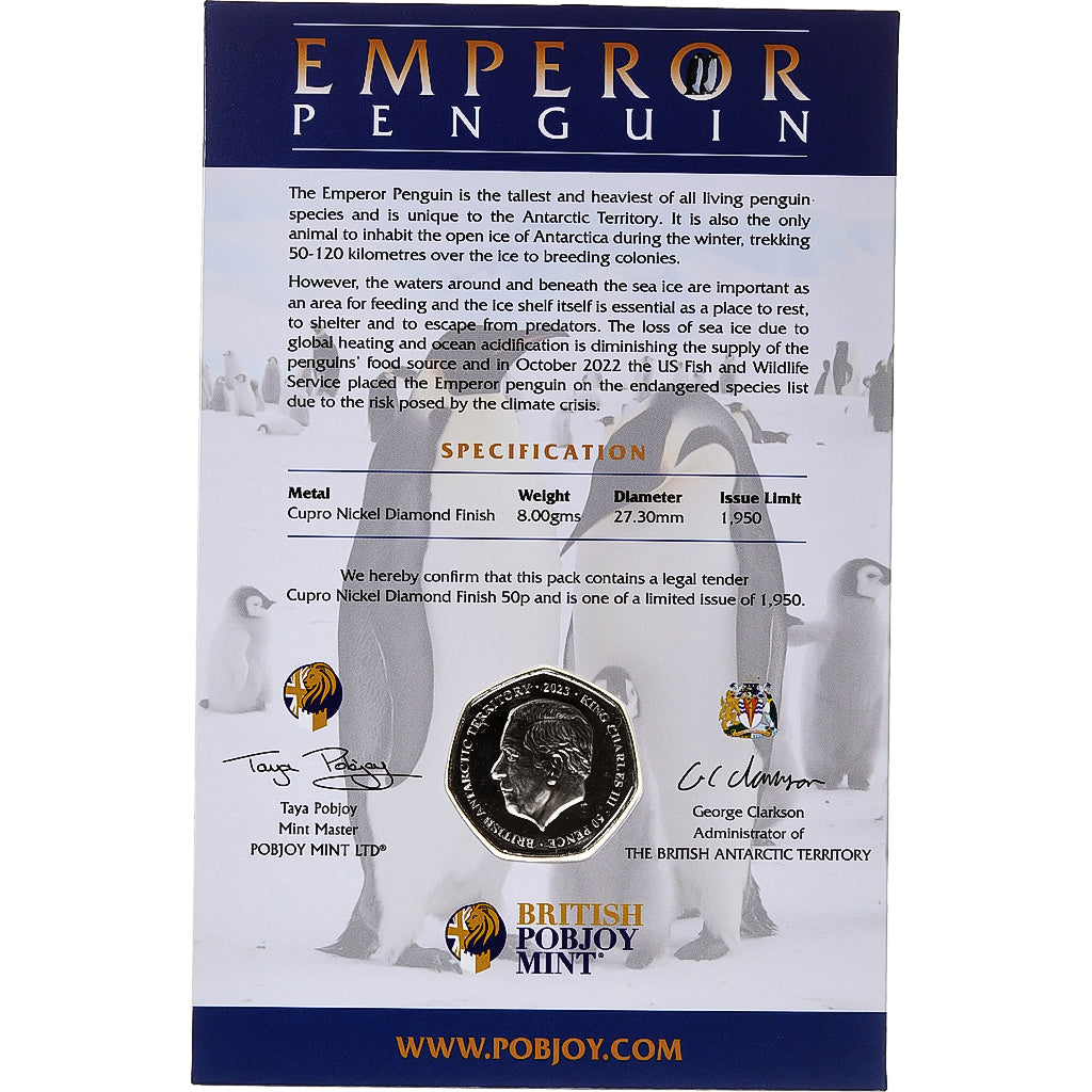 British Antarctic Territory, Charles III, 50 Pence, Emperor Penguin, 2023