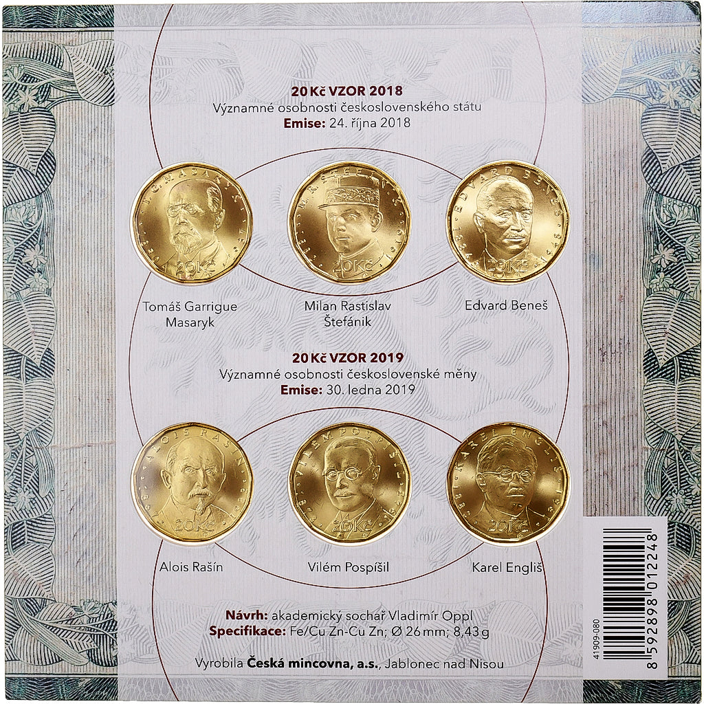 Czechy, Set 6x20 Kč, 2018-2019, Česká mincovna, Mosiądz platerowany stalą