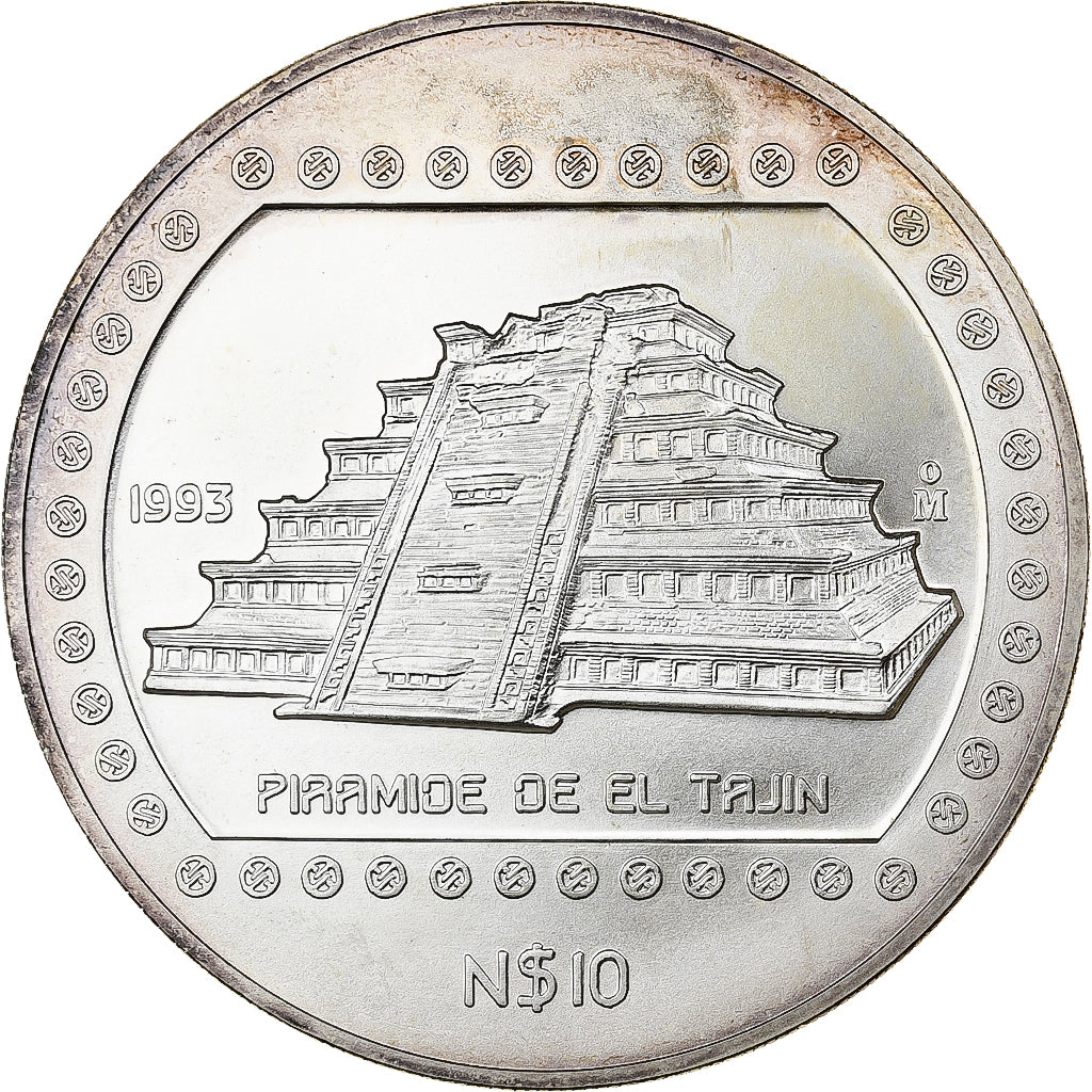 Mexiko, 10 Nuevos Pesos, El Tajín, 1993, Mexico City, Silber, UNZ+, KM:570